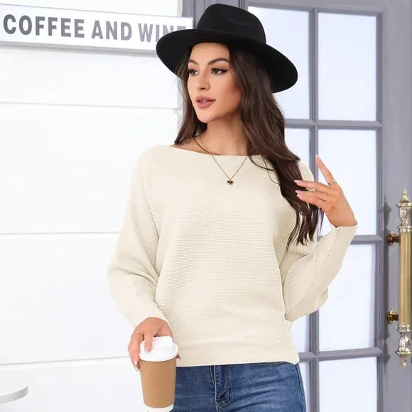 Women's Knit Pullover Sweater Long Sleeve Batwing Casual Soft Jumper Top - Picture 5 of 6